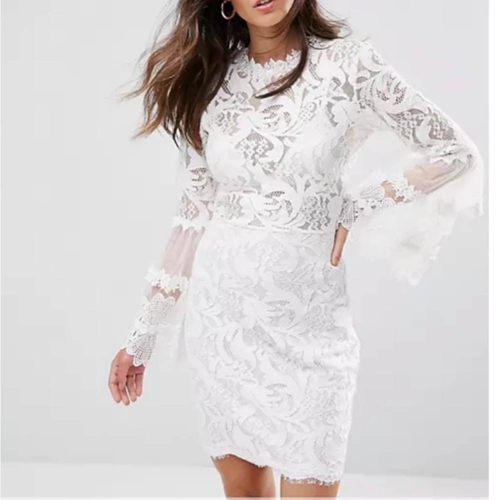 Lioness ASOS White Lace Mini Dress Long Bell Sleeve Size M